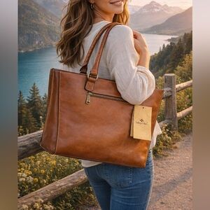 PATRICIA NASH ZANCONA Large Tote Purse Handbag Leather VEG TAN Brass Studs Tags